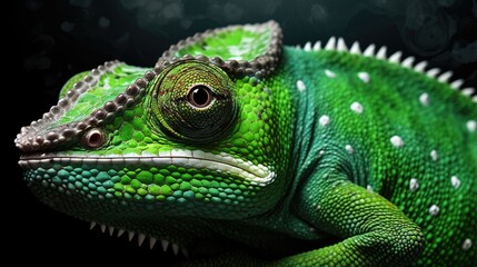 Fototapeta premium Dazzling green chameleon on a monochrome canvas.