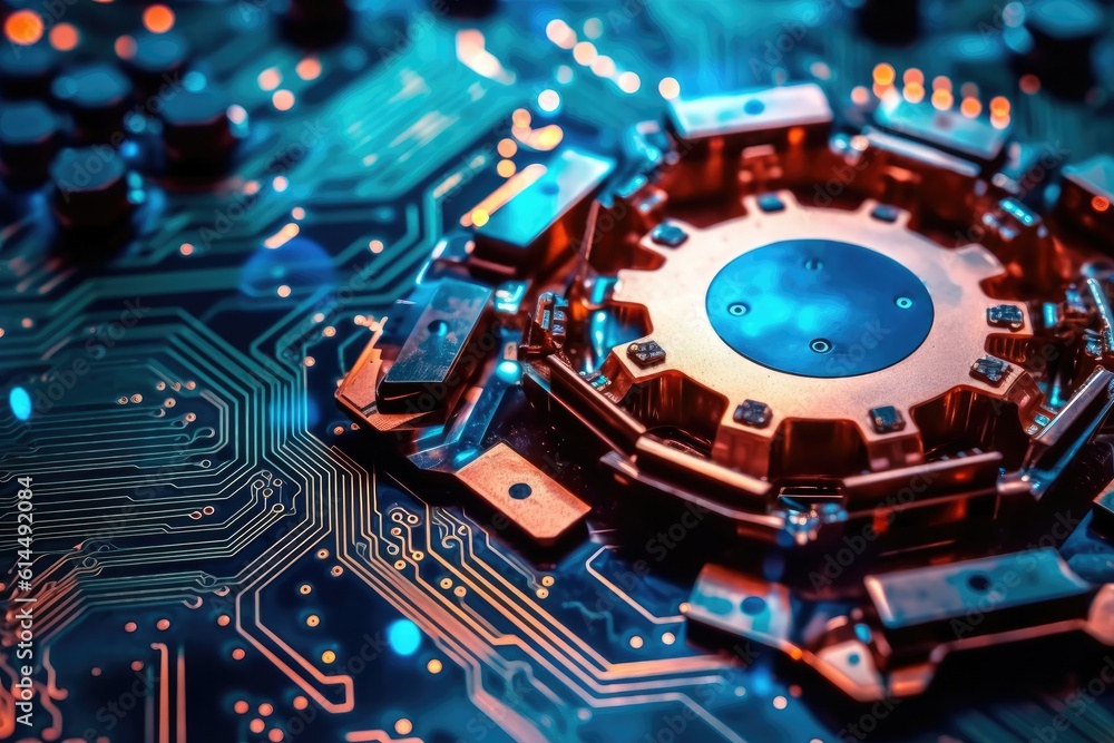 Poster a close - up photo that illustrates the concept of abstract futuristic digital technology and engine