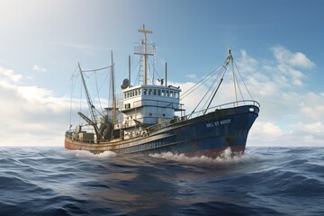 Obraz premium Large Fishing Trawler in the Ocean with Seafood Catch - Background Boat Image