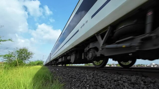 The Solapur Mumbai Vande Bharat Express Train heading towards Mumbai, shot at Uruli near Pune India.