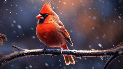 Fiery - red cardinal perched on a branch, its bright plumage contrasting beautifully with the monochrome backdrop.
