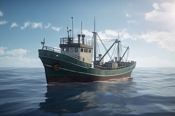 Naklejka premium Large Fishing Trawler in the Ocean with Seafood Catch - Background Boat Image