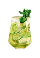 Watercolor hugo spritz, mojito coctail. Summer drink refreshing illustration, low alcohol beverage, coctail bar menu.