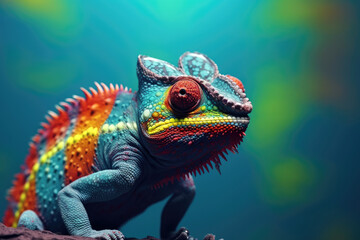 Fototapeta premium Abstract of lizard chameleon portrait with multi colored colorful on skin body and scales paint, reptile animal, Vibrant bright gradients background, with Generative AI.