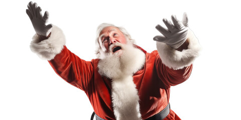 photo of a happy screaming santa claus with his red coat and christmas hat. isolated on transparent background. png. Generative AI