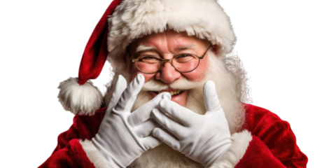 photo of a happy laughing santa claus with his red coat and christmas hat closing his mouth with his hands. isolated on transparent background. png. Generative AI