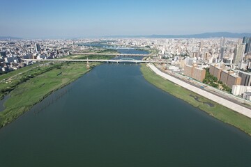 淀川から見た　北区、淀川区の景色