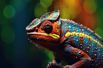 Obraz premium Abstract of lizard chameleon portrait with multi colored colorful on skin body and scales paint, reptile animal, Vibrant bright gradients background, with Generative AI.