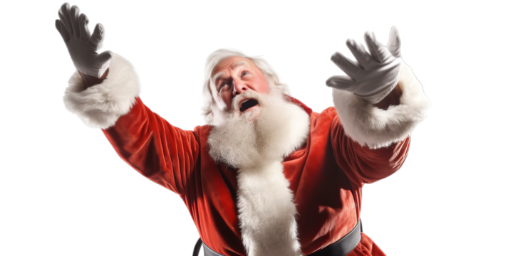 photo of a happy screaming santa claus with his red coat and christmas hat. isolated on transparent background. png. Generative AI
