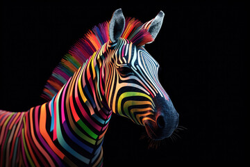 Fototapeta na wymiar Abstract animal African Zebra portrait with multi colored colorful on skin body and hairs paint, Vibrant bright gradients tone, with Generative AI.