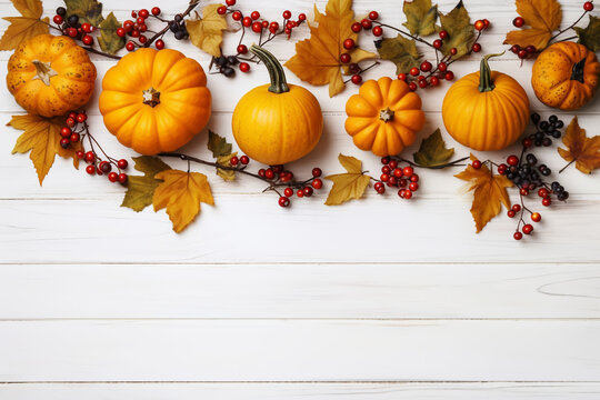 Festive autumn decor of pumpkins, berries and leaves on a white wooden background. Thanksgiving or Halloween concept. Flat lay autumn composition with copy space. ai generative
