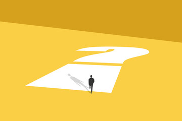Businessman walking on question mark. concept of business future, uncertainty, challenge, opportunity and hope