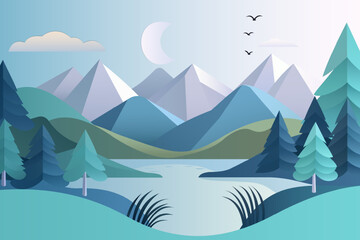 Beautiful landscape vector illustration. Landscape of mountains, forests, lakes in paper style. Stunning landscape of a mountain lake with a moon. Beautiful landscape for printing. Paper style.
