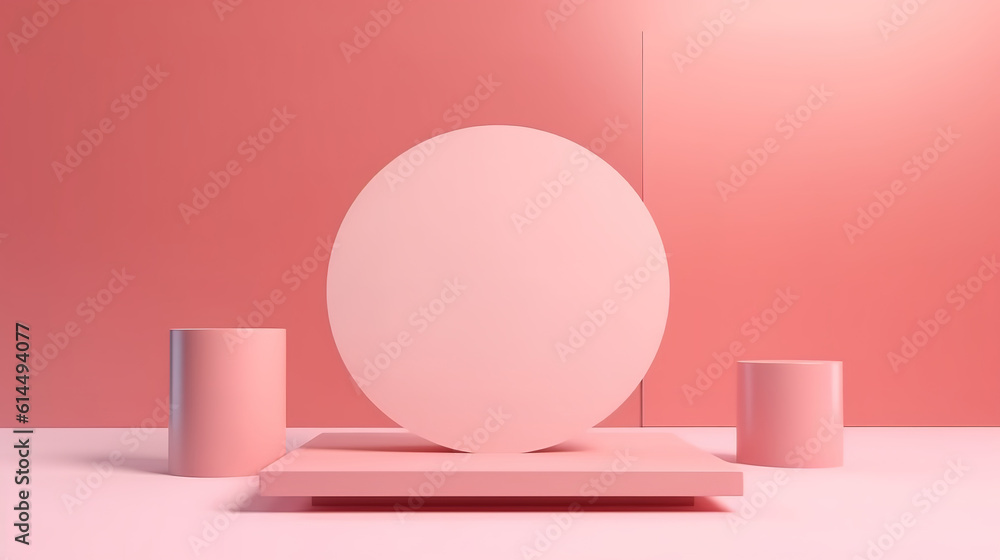 Poster minimal pink podium natural concept with palm leaf abstract background 3d render. generative ai