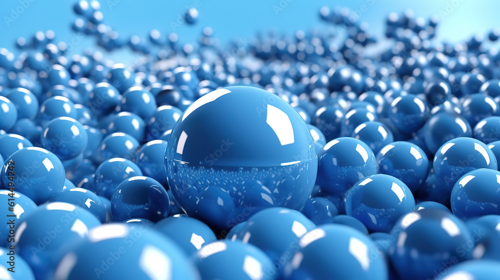 Poster abstract 3d background of shiny blue spheres floating in the air 3d rendering. generative ai
