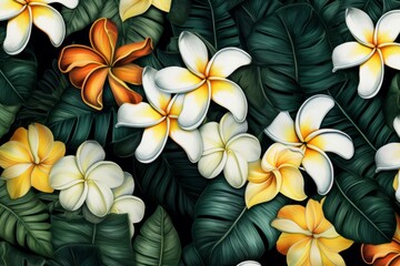 Vibrant frangipani and hibiscus flower art created with Generative AI technology