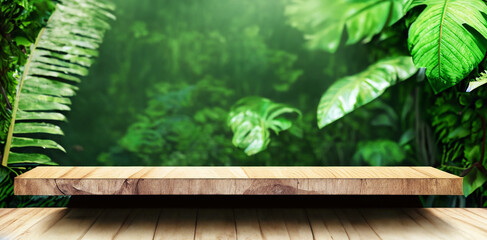 wood table top with blurry leaf background. for product display, green nature bokeh background