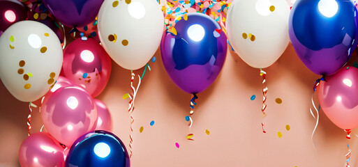 Colorful balloons for new year and birthday party celebrations with confetti and pink background