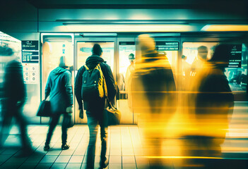 Subway station, motion blur people. Long exposure. AI generative.