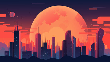 Futuristic night city on the background of the planet. Cityscape on a colorful background with bright and glowing lights. Space trip. Illustration of a future city on an unknown planet.