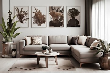 Modern neutral sofa, furniture, fake poster farms, dried flowers in a vase, elegant items in home decoration - generative ai