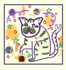 Sketch illustration. A purple cat dips its paw into a glass of coffee. Play pranks with a glass.
