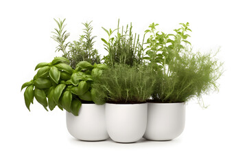 Herbs in pots, grouped, white 02 Generative AI