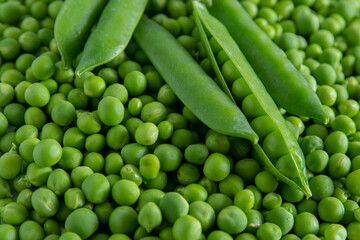 Beautiful background macro of green fresh peas and pea pods. Healthy food.