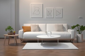 Modern, white minimalist interior, sofa, wooden floor, wall paneling and marble island. 3D Rendering Illustration Mock Up - generative ai