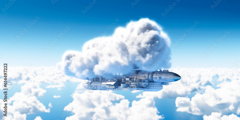 Poster floating advanced technology flying object in the clouds