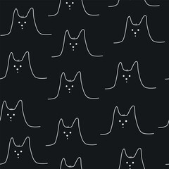 Seamless pattern with hand drawn cute cat face doodle style, vector illustration on black background. Decorative design for wrapping or packaging, one white line, funny character
