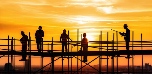 Silhouettes of engineers or construction builder workers on building site. Scaffolding visible against yellow orange sunset sky in evening. Generative AI