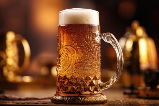 A close - up photo of a traditional Oktoberfest beer stein filled with frothy beer. Generative AI