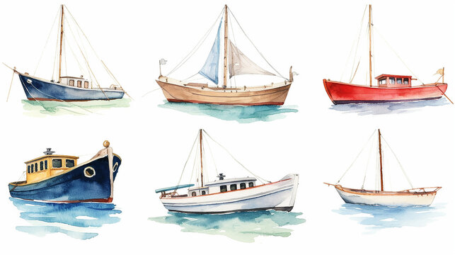 set, a collection of watercolor drawing of a boat with a sail. generative ai