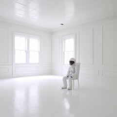 Astronaut standing in white spaceship room.