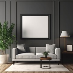 Poster mockup with frame on empty wall in living room interior.
