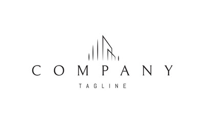 Vector logo on which an abstract image of the silhouette of modern skyscrapers in a linear style.