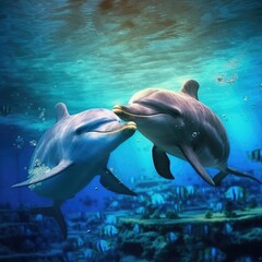 Fototapeta premium Two spinner dolphins swim under the sea.