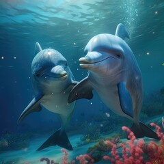 Ocean Life, Two dolphins playing under the sea.