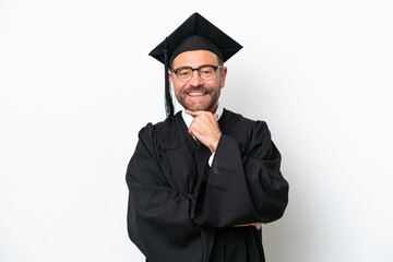 Middle age university graduate man isolated on white background with glasses and smiling