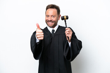 Middle age judge man isolated on white background with thumbs up because something good has happened