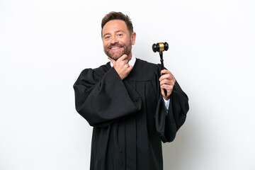 Middle age judge man isolated on white background happy and smiling