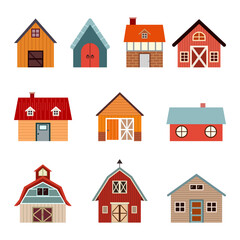 cute farm houses and barn icons set. vector illustration in flat style. isolated cartoon granary collection - 614499626