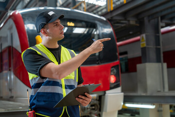 Fototapeta premium Railway technicians check train schedules and perform repairs and maintenance of trains in the depot.
