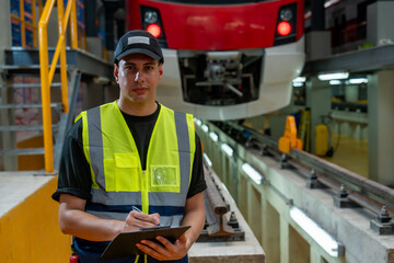 Railway technicians check train schedules and perform repairs and maintenance of trains in the depot.