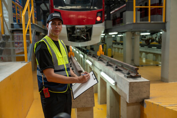 Railway technicians check train schedules and perform repairs and maintenance of trains in the depot.