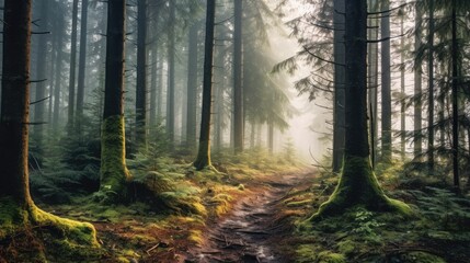 Fototapeta premium Mountain path among the trees and fog, Beautiful mountain landsca