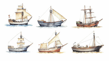 Fototapeta premium collection sailboat watercolor drawing on a white background isolated, generative AI