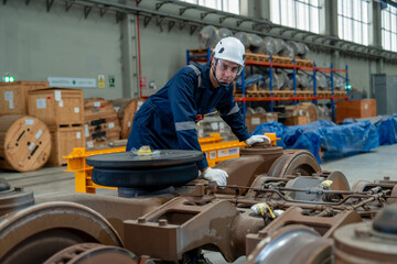 Fototapeta na wymiar engineer inspecting electric train repair and maintenance in maintenance station