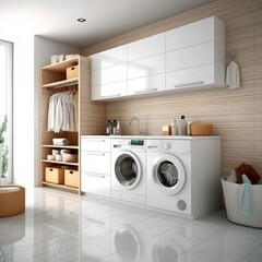 Modern laundry room interior with white brick walls, Wooden consoles and shelves with washing machines.